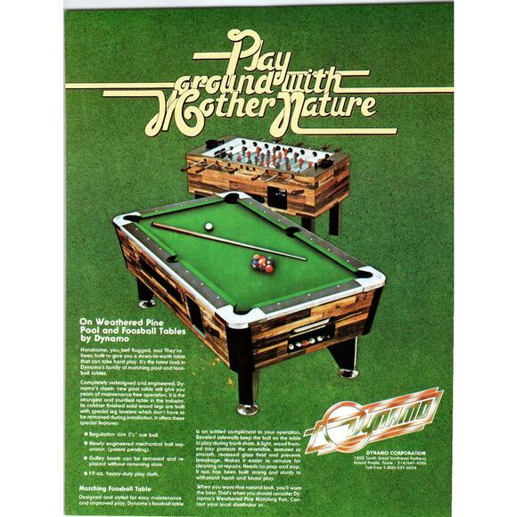 Vintage 1970s Dynamo Weathered Pine Pool & Foosball Table Ad Flyer - Picture 1 of 2